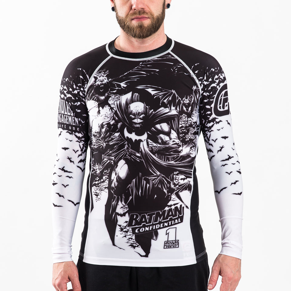 noir gear Fusion Fight Gear Batman Confidential Noir BJJ Rash Guard Compression Shirt S