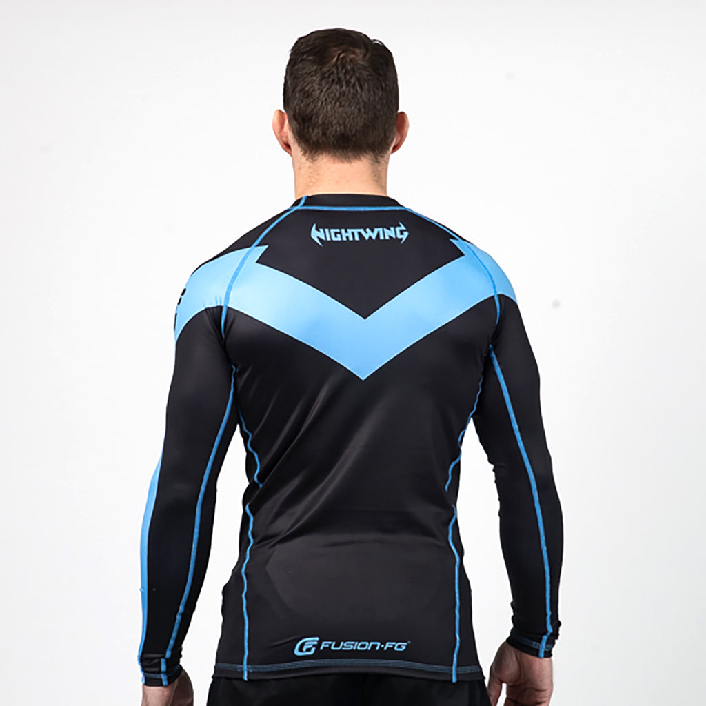 Fusion Fight Gear Nightwing Blue V BJJ Rash Guard compression shirt