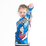 Superman Krunch kids rash guard longsleeve flying pose
