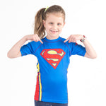 Superman logo kids rash guard short sleeve front pointing